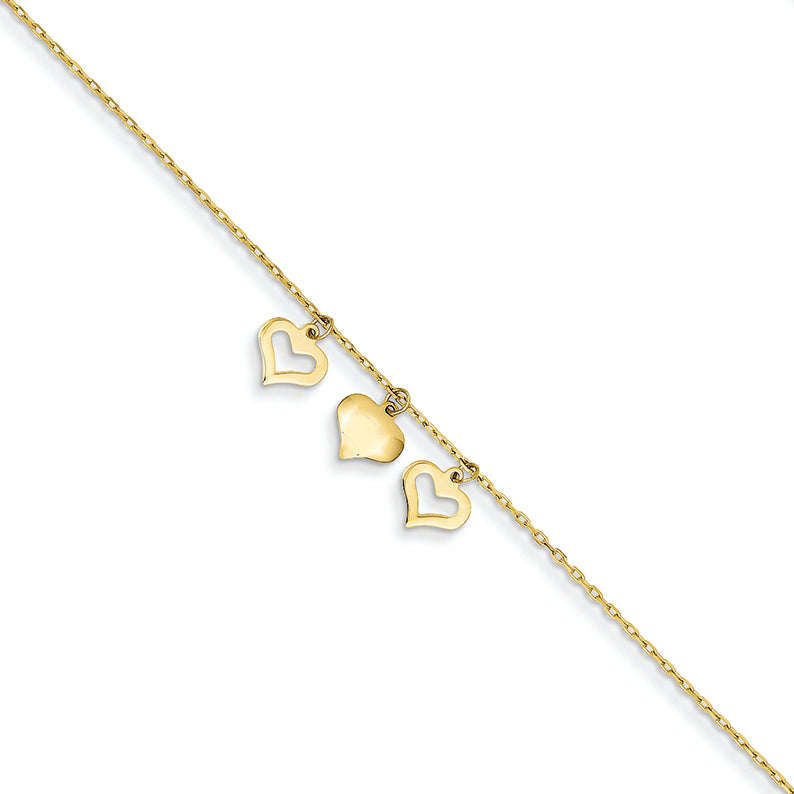 14K Gold 3 Hearts w/1 inch Extension Anklet 10 Inches