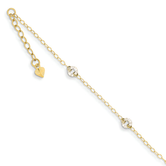 14K Gold Two-tone Oval Chain with Wavy Circles W/ 1in Ext Anklet 9 Inches