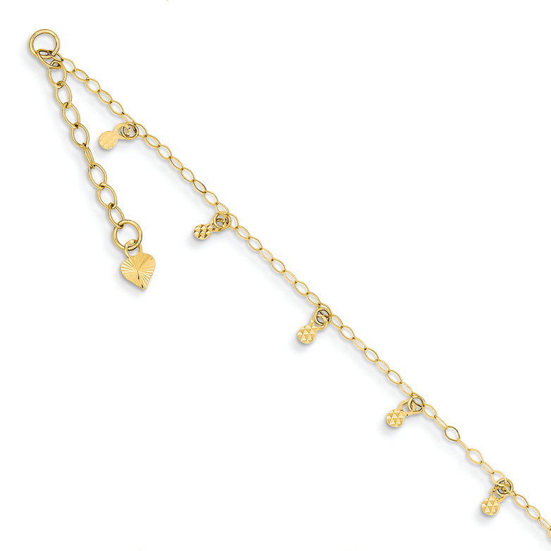 14K Gold Oval Chain Diamond Cut Dots w/ 1in Ext Anklet 9 Inches