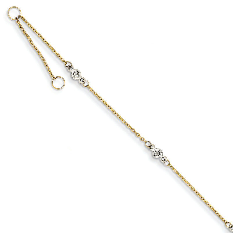 14K Gold Two-tone CZ w/ 1in ext. Anklet 9 Inches