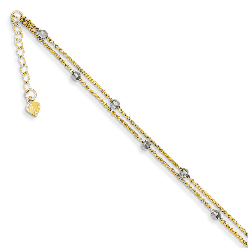 14K Gold Two-tone 2 Stand Spiga  Mirror Beads W/ 1in Ext Anklet 9 Inches