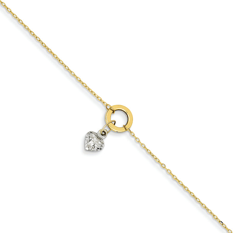 14K Gold Gold Two-tone Circle/Diamond Cut Puff Heart w/ 1in Ext Anklet 9 Inches