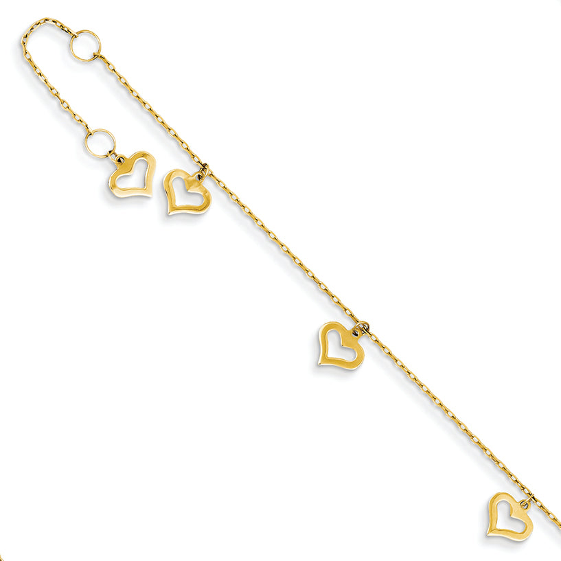 14K Gold Polished Heart w/ 1in ext. Anklet 9 Inches