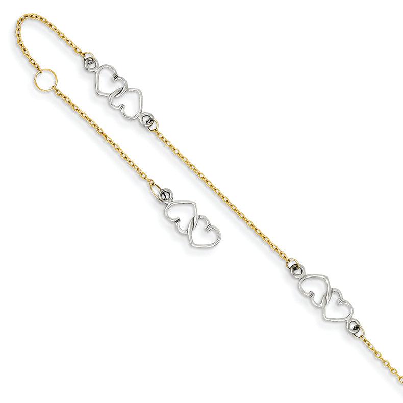 14K Gold Two-tone Polished Heart w/ 1in ext. Anklet 9 Inches