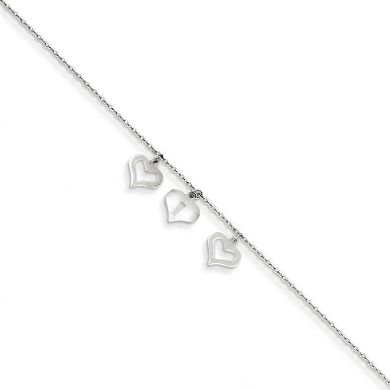 14K White Gold Polished Heart w/ 1in ext. Anklet 9 Inches