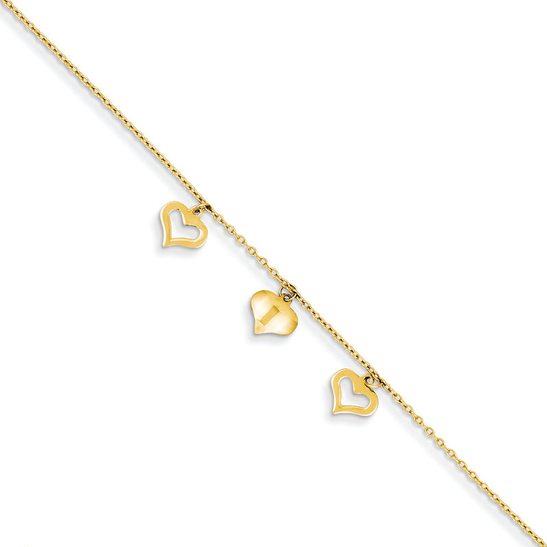 14K Gold Polished Heart w/ 1in ext. Anklet 9 Inches