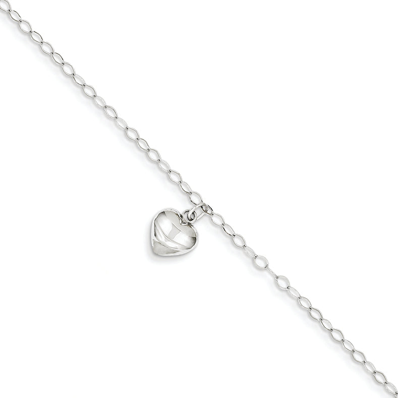 14K White Gold Polished Heart w/ 1in ext. Anklet 9 Inches