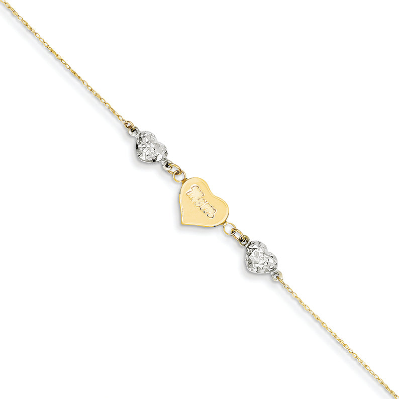 14K Gold Two-tone Ropa D/C Beads/Puff Heart MOM w/ 1in Ext Anklet 9 Inches