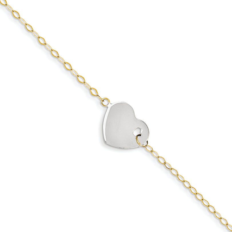 14K Gold Two-tone Polished Heart w/ 1in ext. Anklet 9 Inches