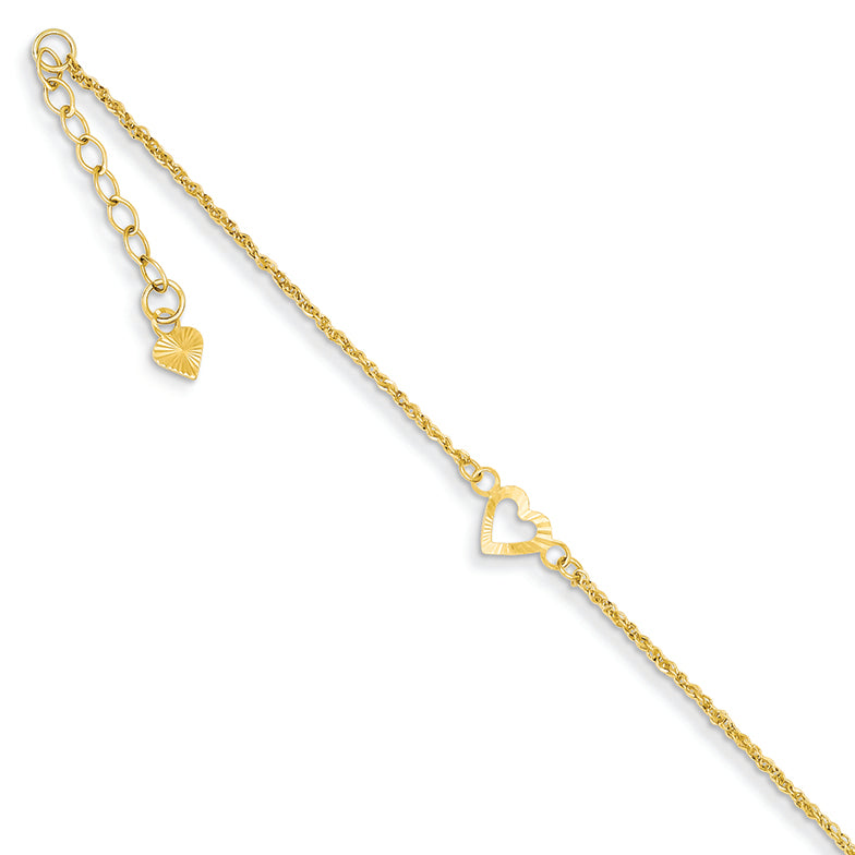 14K Gold Ropa Diamond Cut Hearts w/ 1in Ext Anklet 9 Inches