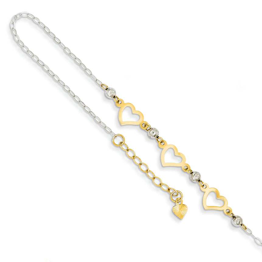 14K Gold Two-tone Oval Link w/ D/C Beads & Heart w/1in Ext Anklet 9 Inches
