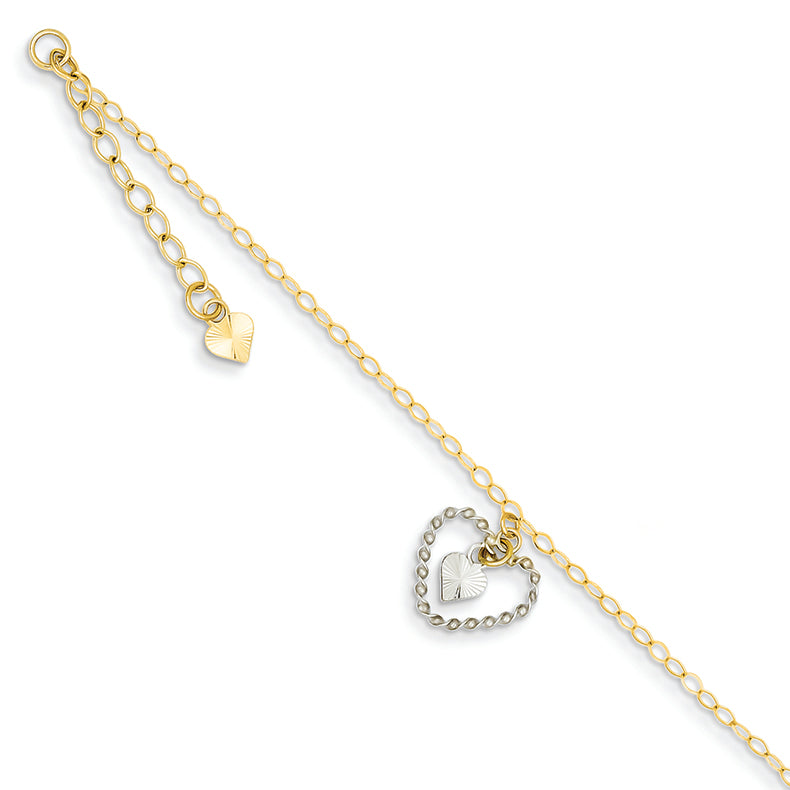 14K Gold Two-tone Twisted & Diamond Cut Hearts w/ 1in Ext Anklet 9 Inches