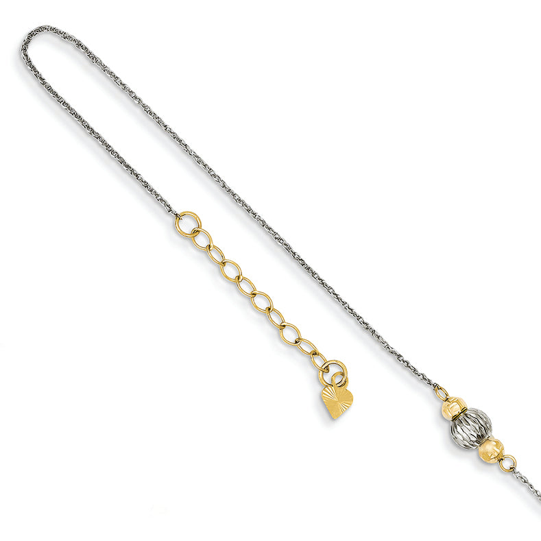 14K White Gold Ropa Two-tone Diamond Cut Bead w/ 1in Ext Anklet 9 Inches