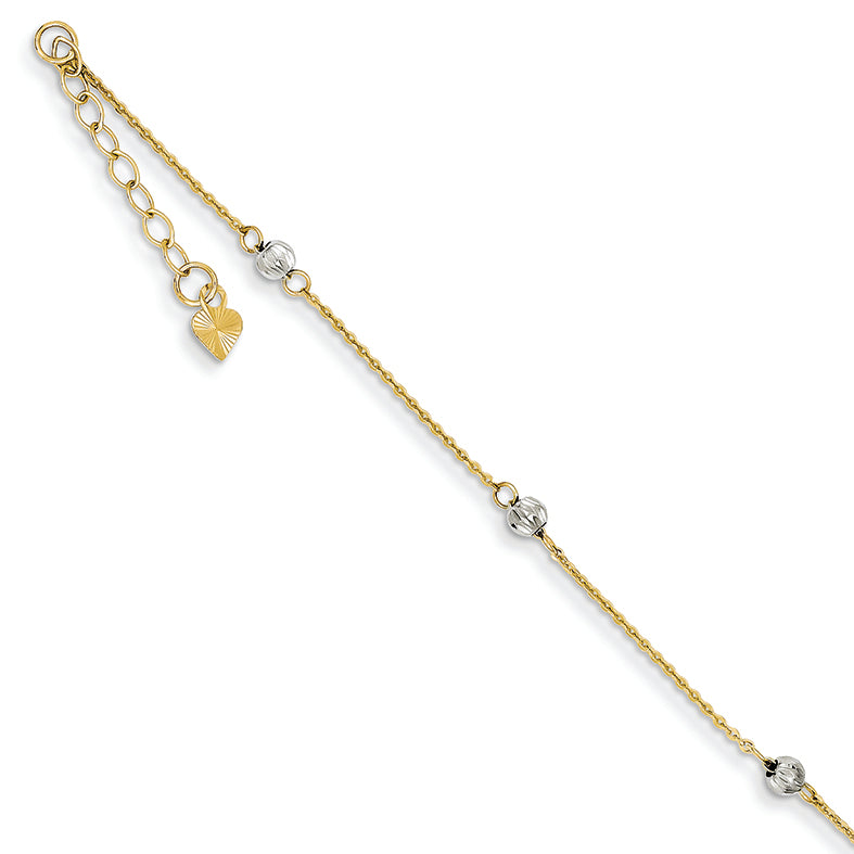 14K Gold Two-tone D/C Beads w/ 1in Ext Anklet 9 Inches