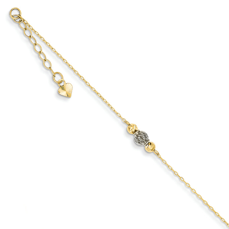 14K Gold Two Tone Diamond Cut & Filigree Beads w/ 1in Ext Anklet 9 Inches