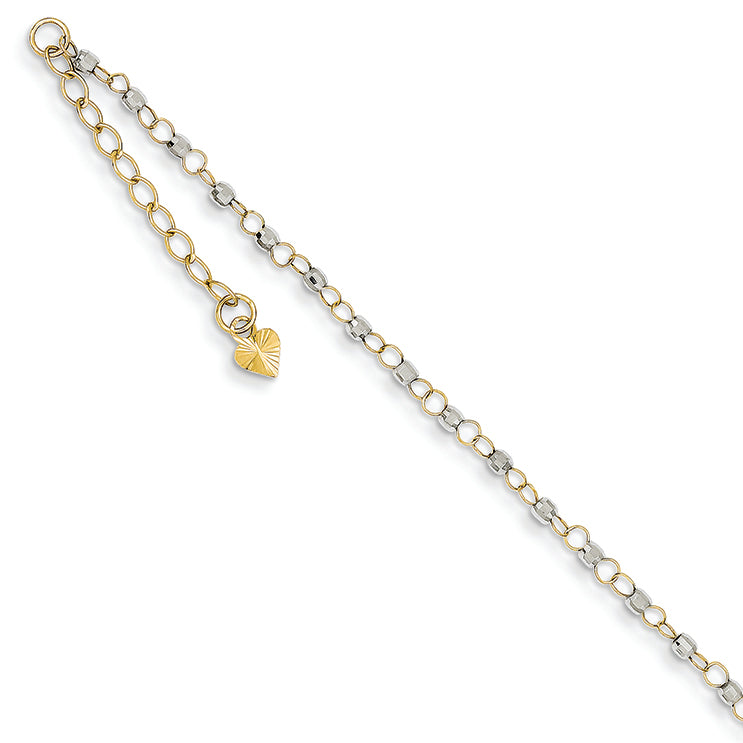 14K Gold Two-tone Circle Chain w/ Mirror Beads w/ 1in Ext Anklet 9 Inches