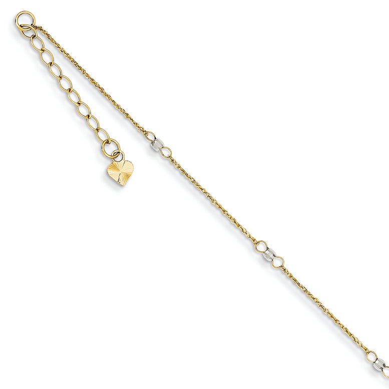 14K Gold Two-tone Ropa Mirror Bead W/1in Ext Anklet 9 Inches