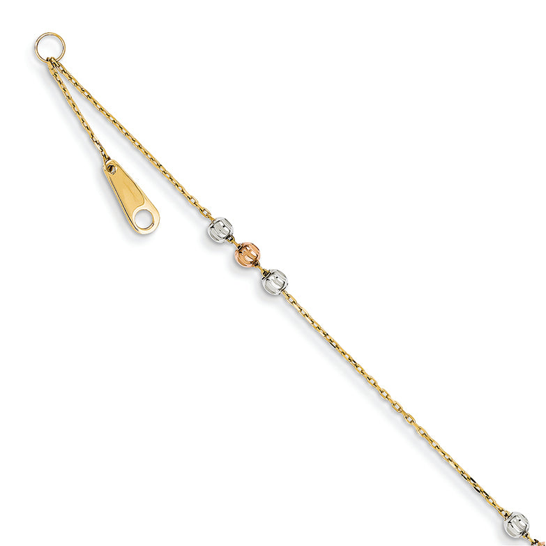 14K Gold Tri-color Diamond Cut Bead w/ 1in ext.  Anklet 9 Inches