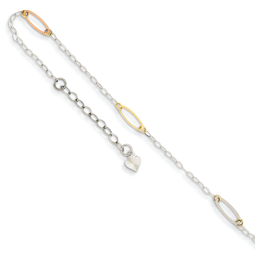 14K Gold Tri-color Oval Link w/ 1in Ext Anklet 9 Inches