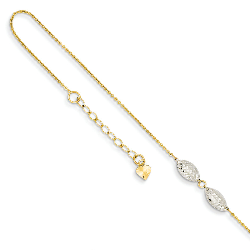 14K Gold Two-tone Diamond Cut Puff Rice Beads w/ 1in Ext Anklet 9 Inches