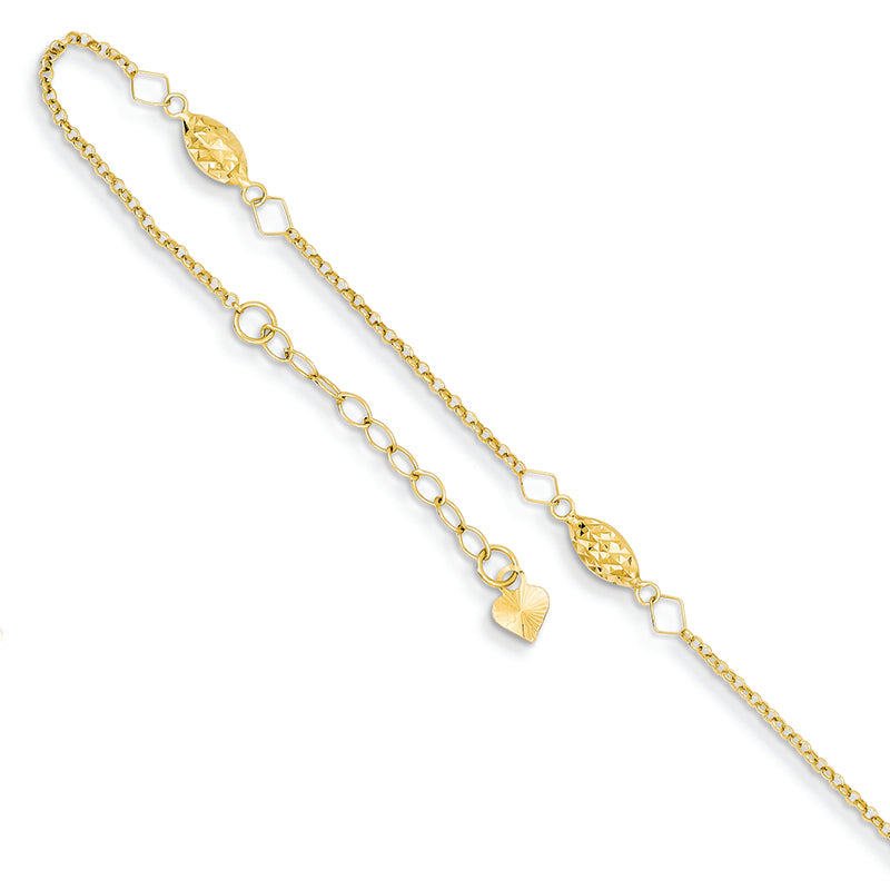 14K Gold Circle Chain Diamond Cut Rice Puff Beads W/1in Ext Anklet 9 Inches