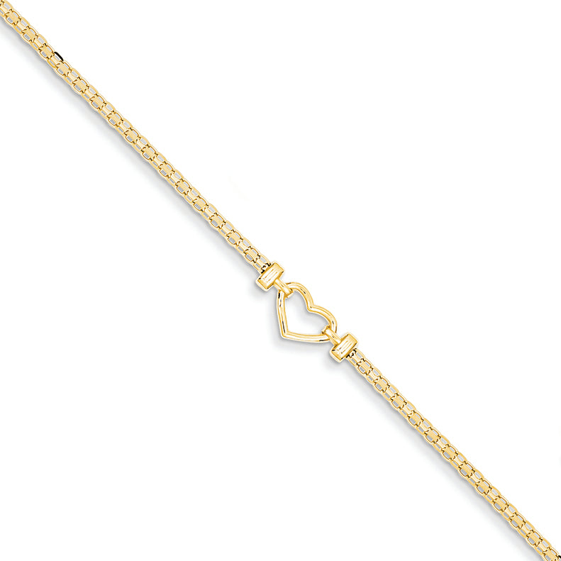 14K Gold Fancy Heart Anklet 9 Inches