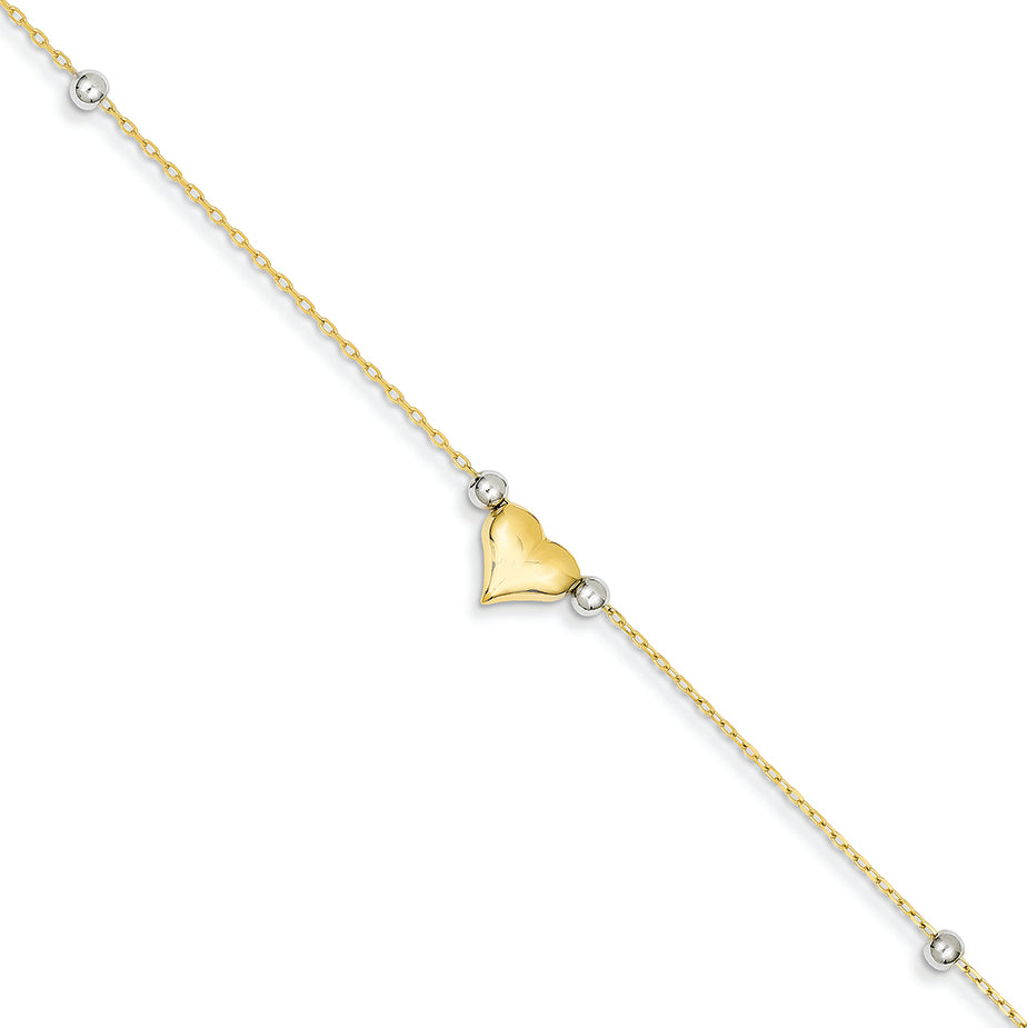 14K Gold Two-Tone Polished Puffed Heart with Beads Anklet 10 Inches
