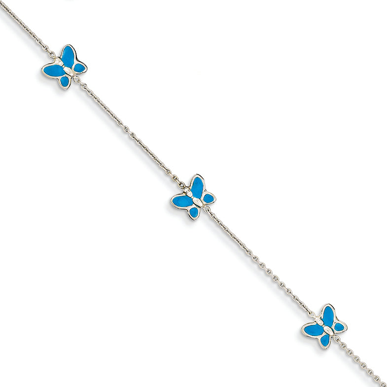 14K White Gold Blue Enameled Butterfly Anklet 10 Inches