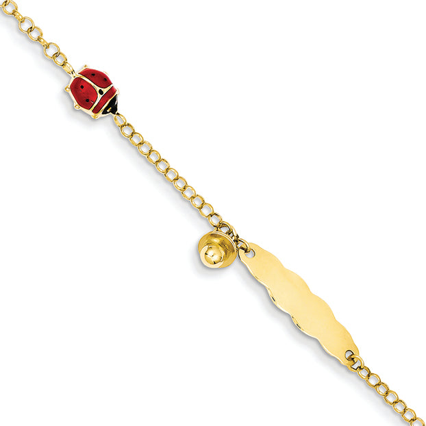 14K Gold 6" Enameled Ladybug Child ID Bracelet 6 Inches