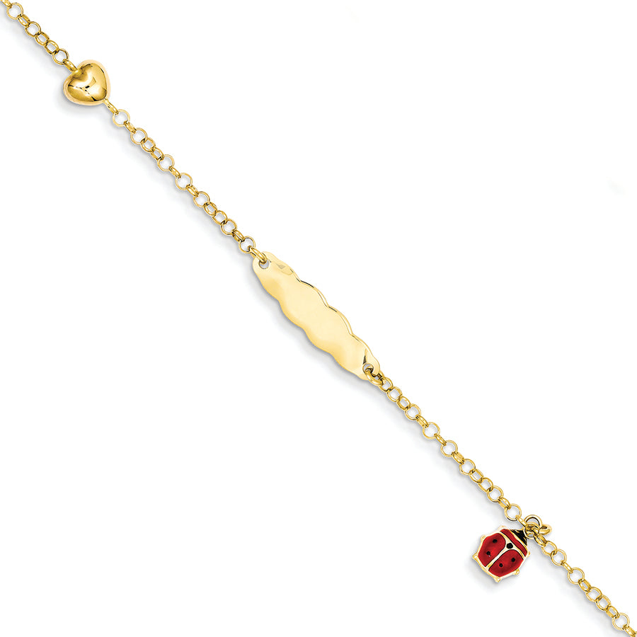 14K Gold Enameled Ladybug & Heart Id Bracelet 6 Inches