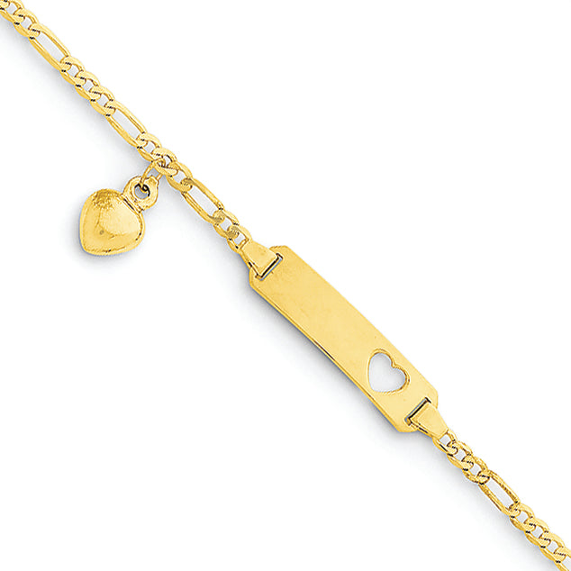 14K Gold 6in Engravable Figaro Link w/Dangling Heart Baby/Child ID 6 Inches