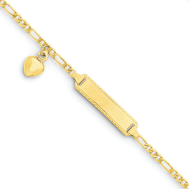 14K Gold 6in Engravable Figaro Link w/Dangling Heart Baby/Child ID 6 Inches