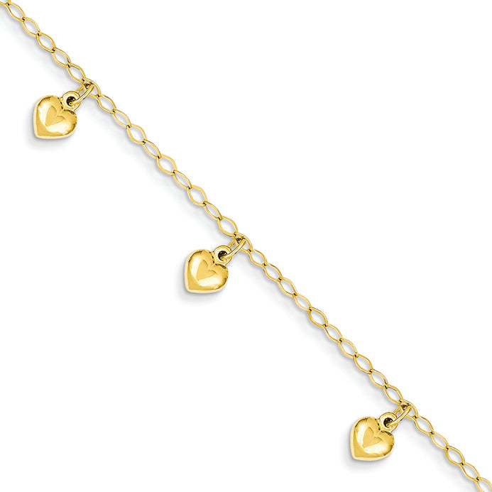 14K Gold Child's Puffed Heart Charm Bracelet 6 Inches