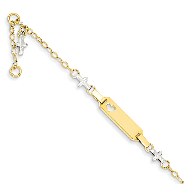 14K Gold Two-tone Polished and Textured Cross Baby ID w/ .5in ext. Bracelet 4.5 Inches