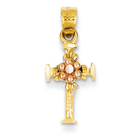 14K Gold Two-tone Cross with Flower Charm
