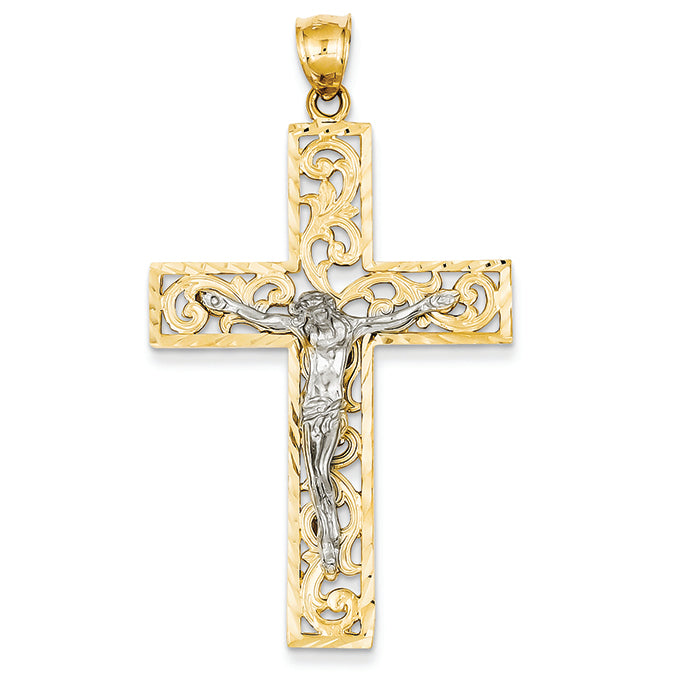 14K Gold Two-tone Diamond-cut Crucifix Pendant