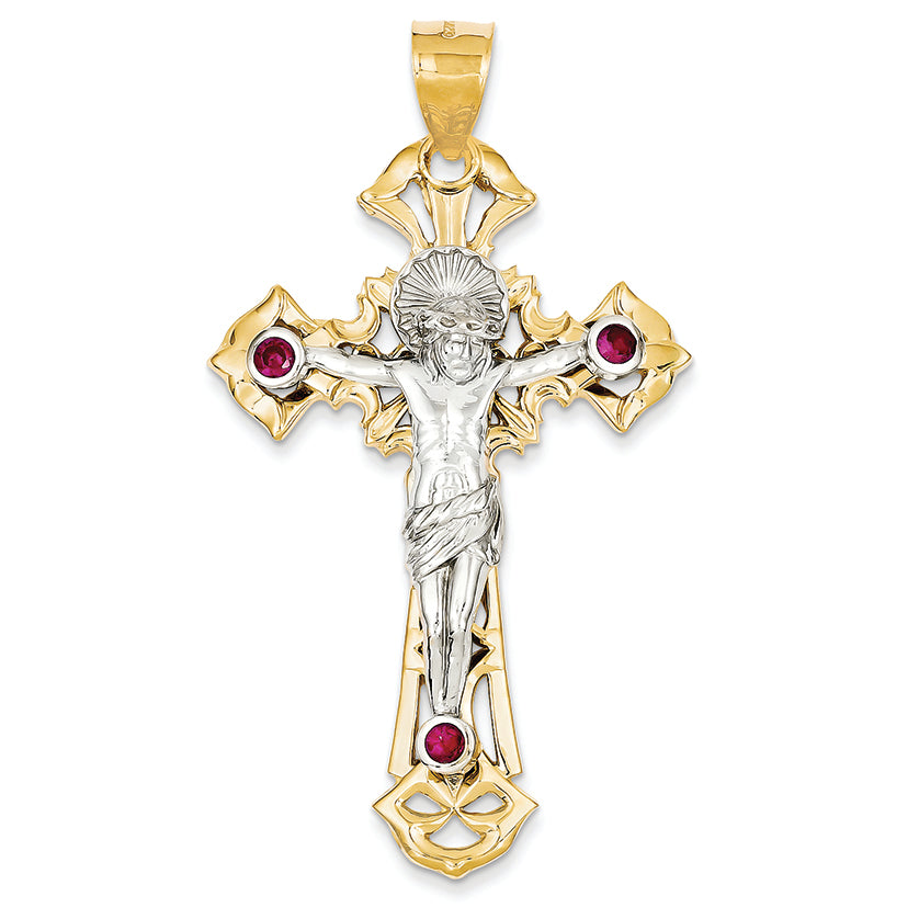 14K Gold Two-tone Polished with Red CZs Crucifix Pendant