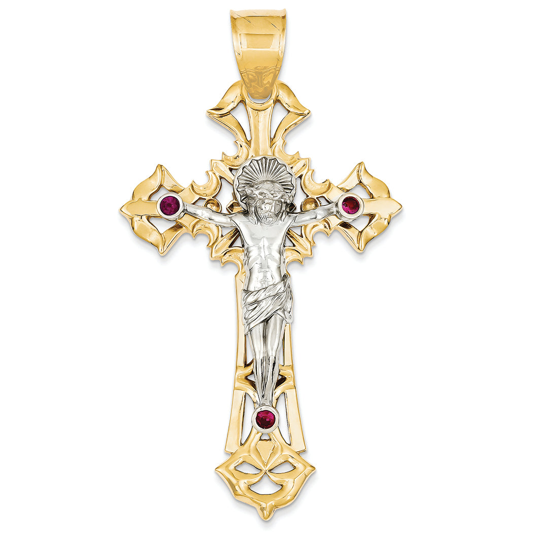 14K Gold Two-tone Polished with Red CZs Crucifix Pendant