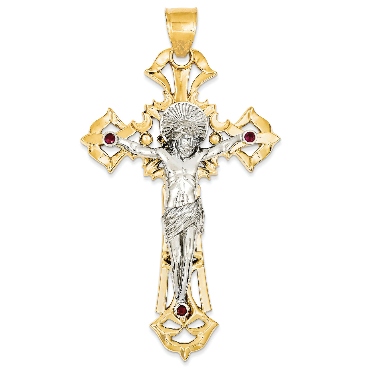 14K Gold Two-tone Polished with Red CZs Crucifix Pendant