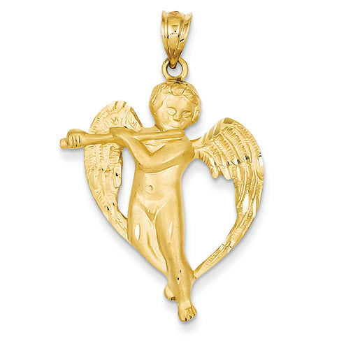 14K Gold Satin Angel with flute Pendant