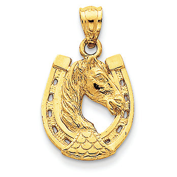 14K Gold Solid Polished Horse Head in Horseshoe Pendant