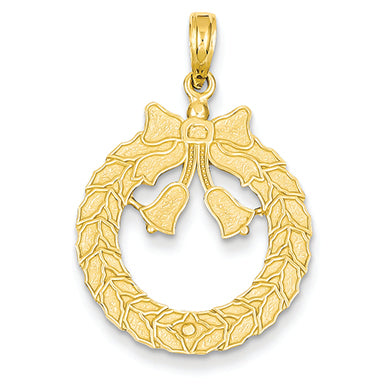 14K Gold  Satin & Polished Christmas Wreath Pendant