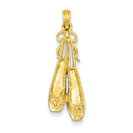 14K Gold Solid Satin Polished 3-Dimensional Ballet Slippers Pendant
