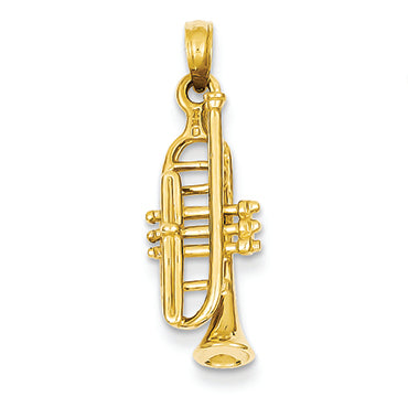 14K Gold Solid Polished 3-Dimensional Trumpet Pendant
