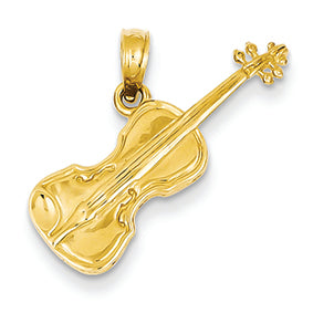 14K Gold Polished Solid 3-Dimensional Violin Pendant