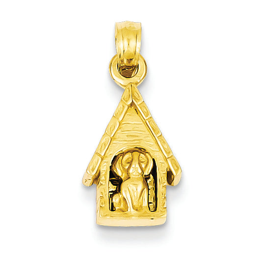 14K Gold Solid Polished Flat-Backed Dog in Dog House Pendant