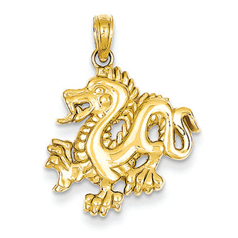 14K Gold Solid Polished Dragon Pendant
