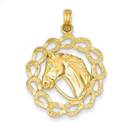 14K Gold Solid Polished Horse Head in Horseshoes Pendant