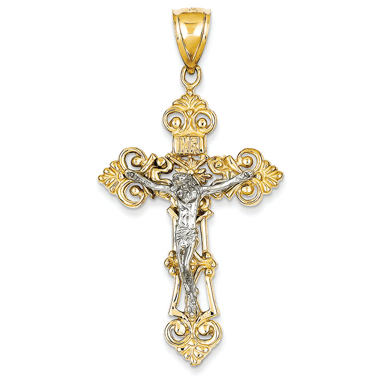 14K Gold Two-tone INRI Fleur De Lis Crucifix Pendant