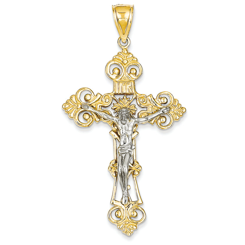 14K Gold Two-tone INRI Fleur De Lis Crucifix Pendant